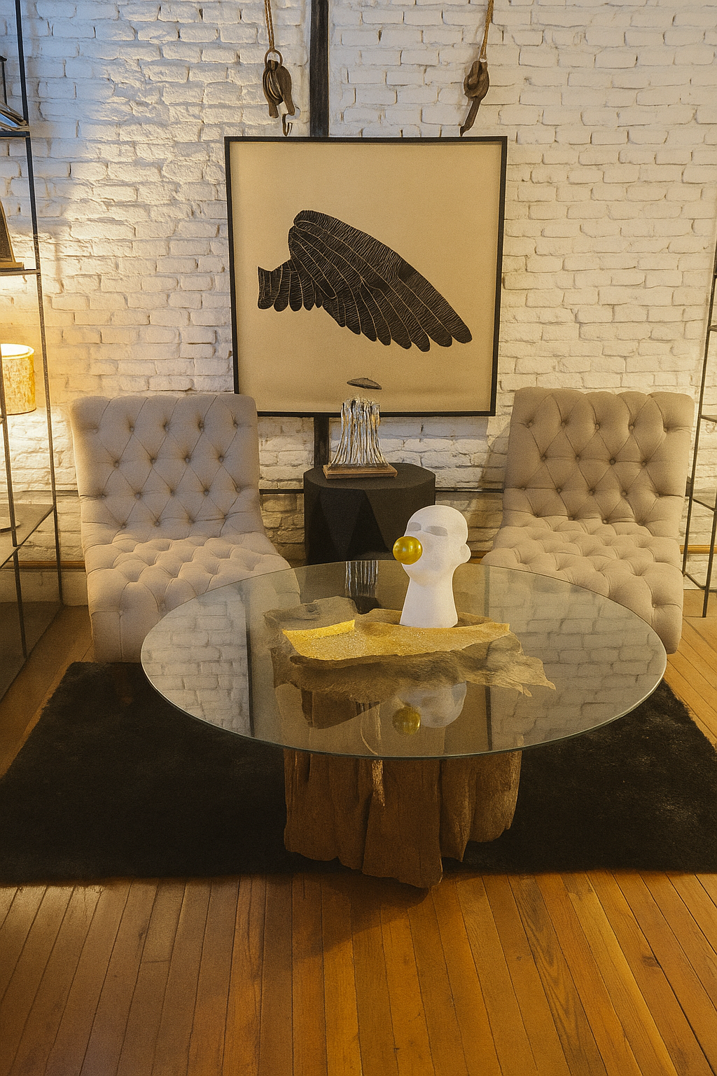 Este elegante conjunto de muebles crea una atmósfera sofisticada y acogedora. Dos sillas tapizadas en un tono neutro, con un diseño tufted, se complementan perfectamente con una mesa de centro de vidrio, sobre una base orgánica de madera natural. El arte en la pared y la escultura minimalista aportan un toque de originalidad y estilo. Un espacio ideal para quienes buscan un diseño contemporáneo y lleno de carácter.