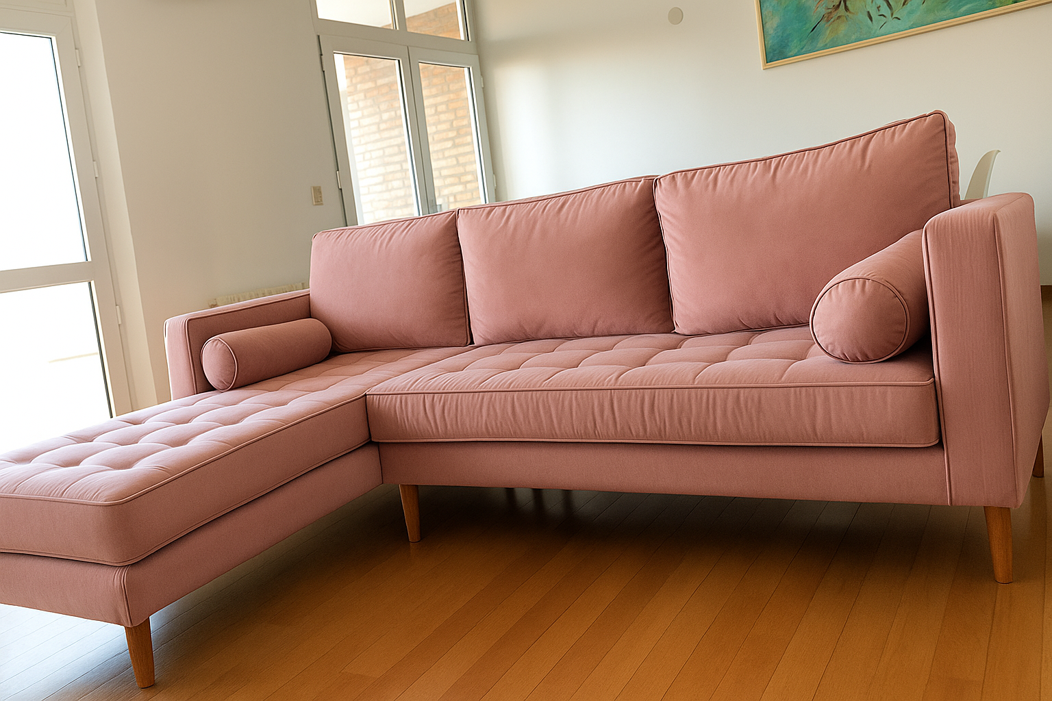 Un sillón esquinero en tono rosa viejo con diseño moderno y patas de madera, tapizado con cojines lisos y almohadones cilíndricos a los costados. Su asiento presenta detalles capitoné, aportando textura y elegancia, mientras descansa sobre un piso de madera clara en un ambiente luminoso y minimalista