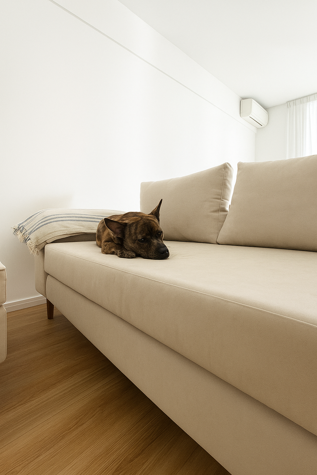 Este elegante sofá beige, con un diseño sencillo y moderno, se adapta perfectamente a cualquier salón. Sus cojines suaves y la estructura de madera clara proporcionan comodidad y estilo, creando un ambiente relajante y acogedor. El reposapiés y la lámpara de techo complementan perfectamente el espacio, mientras que la luz natural que entra por las ventanas acentúa la frescura y luminosidad del entorno.