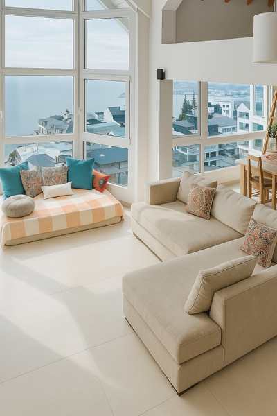 "Living moderno con un sesquinero en L de tapizado beige, acompañado de almohadones estampados en tonos tierra y azules. El mueble está estratégicamente ubicado junto a ventanales de piso a techo que enmarcan una vista panorámica al lago y a las montañas nevadas, convirtiéndolo en el punto focal del ambiente por su comodidad y orientación hacia el paisaje.
