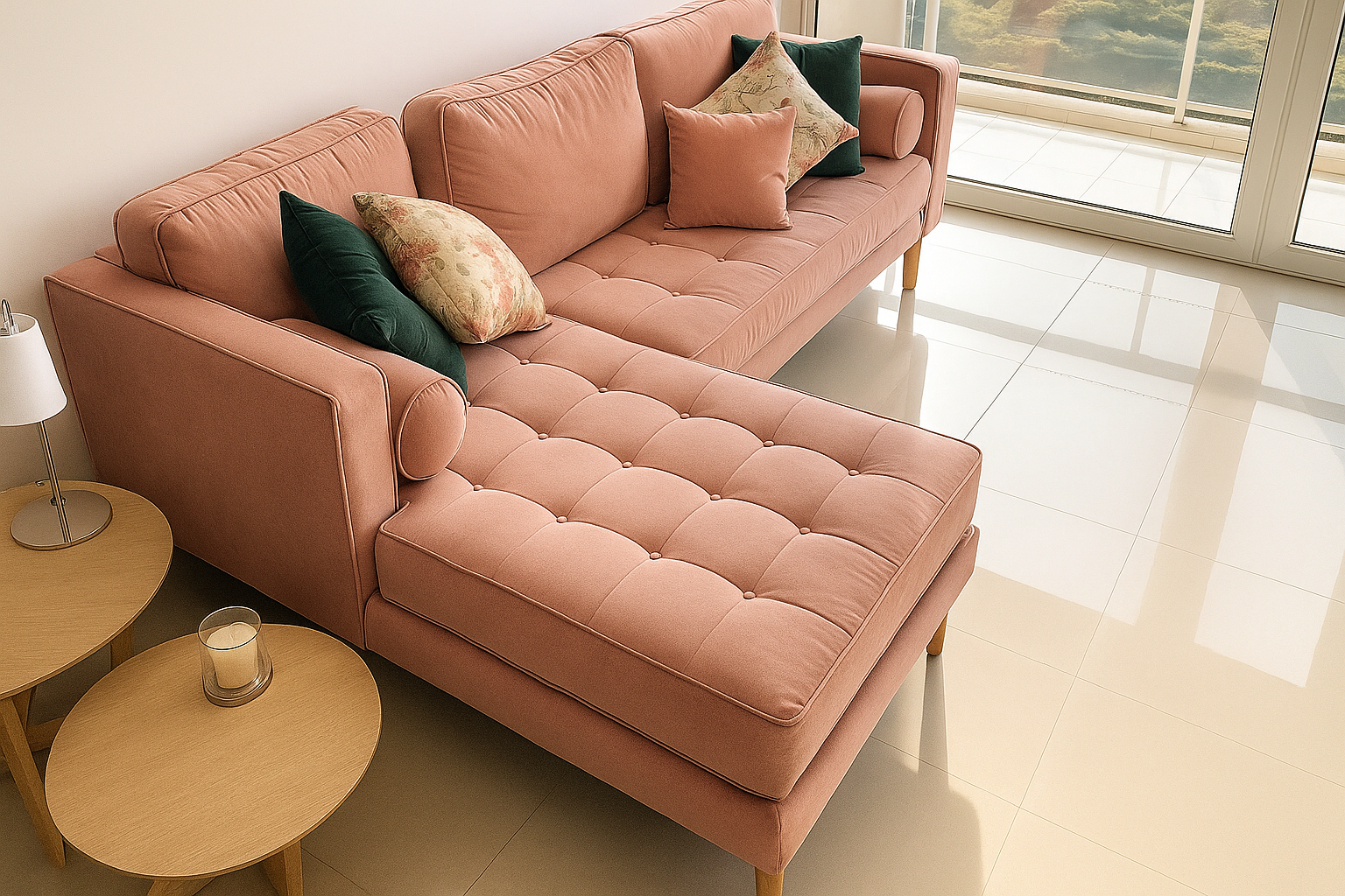 Un sillón esquinero en tono rosa viejo con diseño moderno y patas de madera, tapizado con cojines lisos y almohadones cilíndricos a los costados. Su asiento presenta detalles capitoné, aportando textura y elegancia, mientras descansa sobre un piso de madera clara en un ambiente luminoso y minimalista