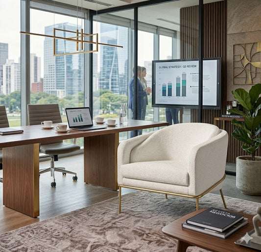Sillón Milán TDB en sala de reuniones de oficina, diseño orgánico envolvente en bouclé con patas de aluminio dorado satinado