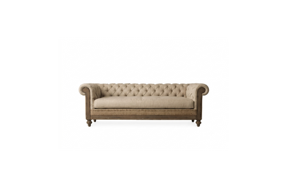 Sofá Deconstructed 2 o 3 cuerpos sobre fondo blanco, capitoné estilo Chesterfield con detalles a la vista - Tienda de Banquitos