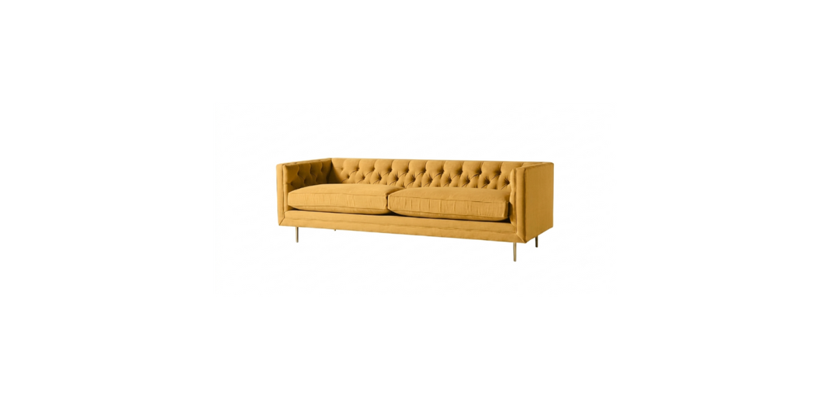Sofá Dior 2 o 3 cuerpos sobre fondo blanco, capitoné clásico y patas doradas - Tienda de Banquitos
