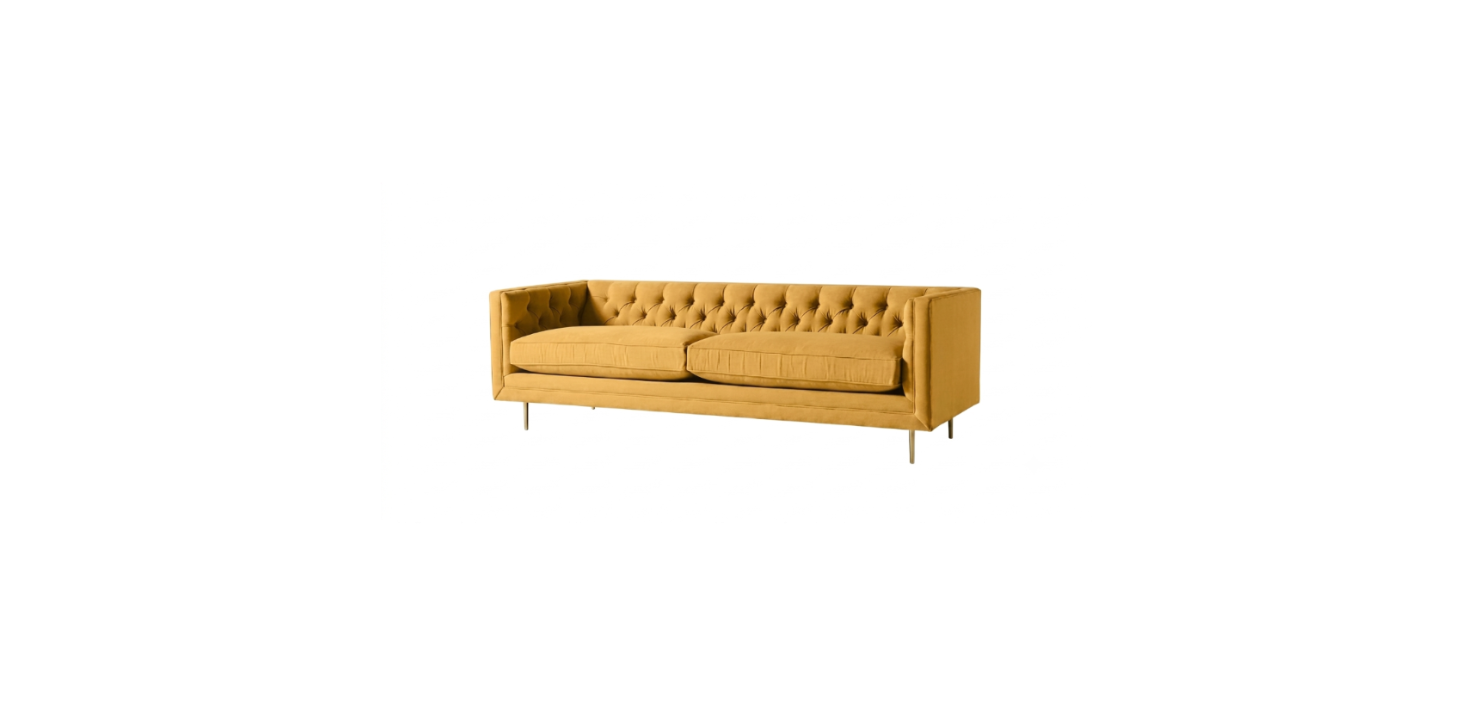 Sofá Dior 2 o 3 cuerpos sobre fondo blanco, capitoné clásico y patas doradas - Tienda de Banquitos