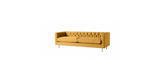 Sofá Dior 2 o 3 cuerpos sobre fondo blanco, capitoné clásico y patas doradas - Tienda de Banquitos