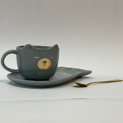 Taza gatito cerámica con plato a juego - diseño divertido y original