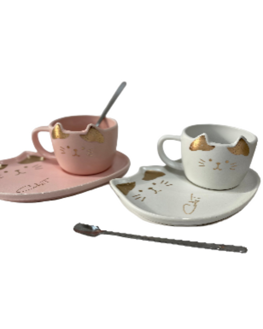 Taza de gato con plato y cuchara – Diseño adorable - 3 cuotas sin interés