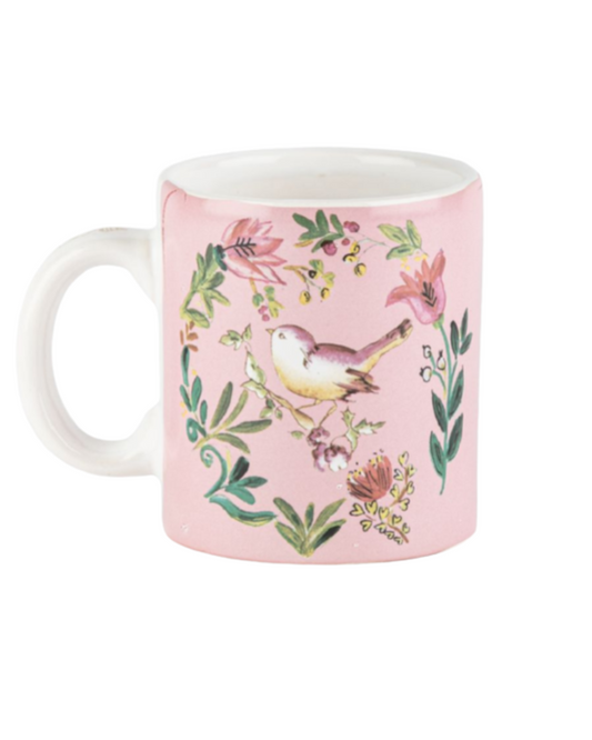 Taza de cerámica Elsata Pajarito – Colores verde, rosa y blanco - 3 cuotas sin interés