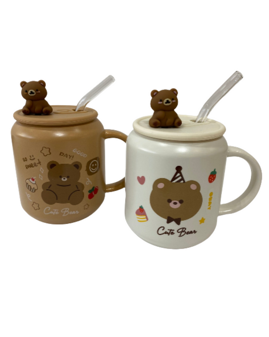 Taza de cerámica Osito con tapa y sorbete – Diseño Cute Bear - 3 cuotas sin interés