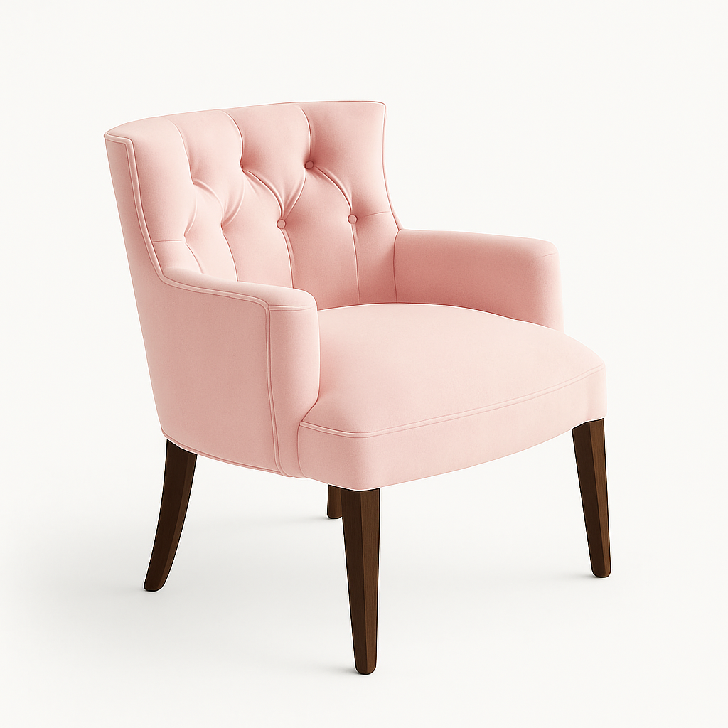 Butaca tapizada en ROSA con respaldo bajo y apoyabrazos rectos. Sillón moderno ideal para niños o decoración de espacios delicados.