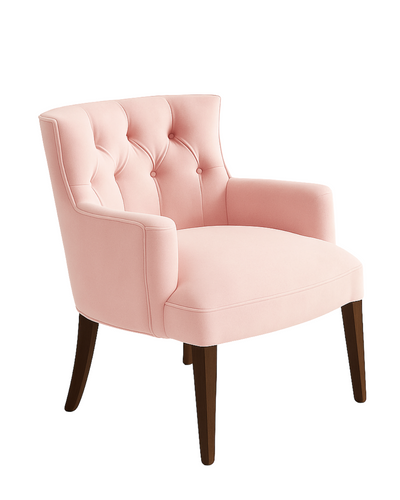 Butaca tapizada en rosa empolvado con respaldo bajo y apoyabrazos rectos. Sillón moderno ideal para niños o decoración de espacios delicados.