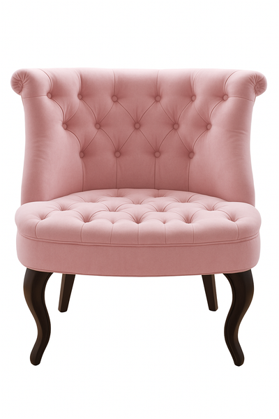 Sillón estilo clásico con capitoné rosa y patas curvas oscuras. Perfecto para habitaciones infantiles, rincones de té o estilo romántico.