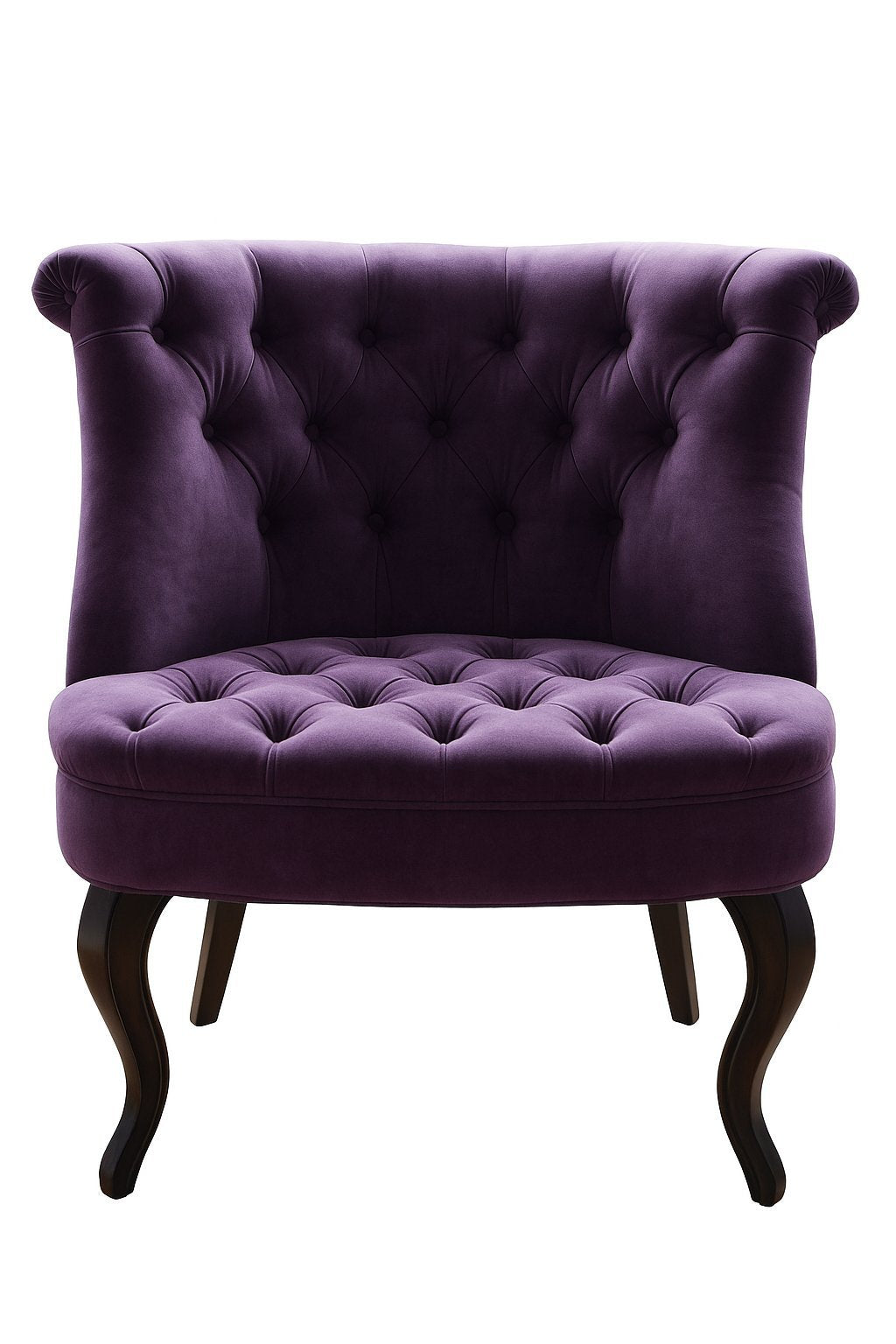 Sillón matero Matilde tapizado en violeta con respaldo capitoné y patas curvas oscuras – Tienda de Banquitos
