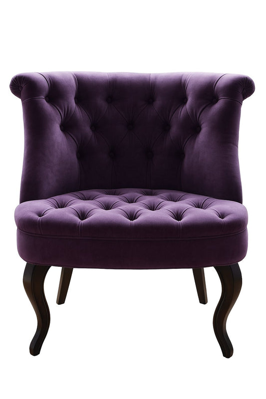 Sillón matero Matilde tapizado en violeta con respaldo capitoné y patas curvas oscuras – Tienda de Banquitos