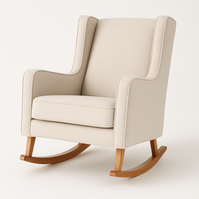 Mecedora crema con base de madera en espacio decorado con estilo escandinavo.