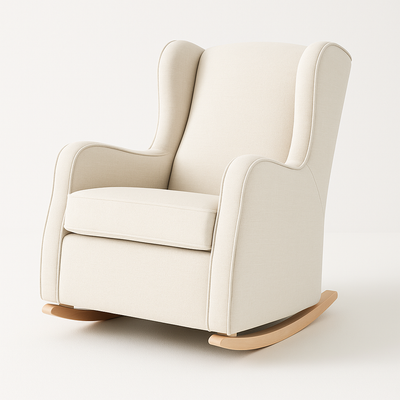 Mecedora crema con base de madera en espacio decorado con estilo escandinavo.