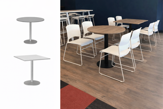 Mesa Plato con base central y pie tipo plato, ideal para espacios de break coffee en oficinas.