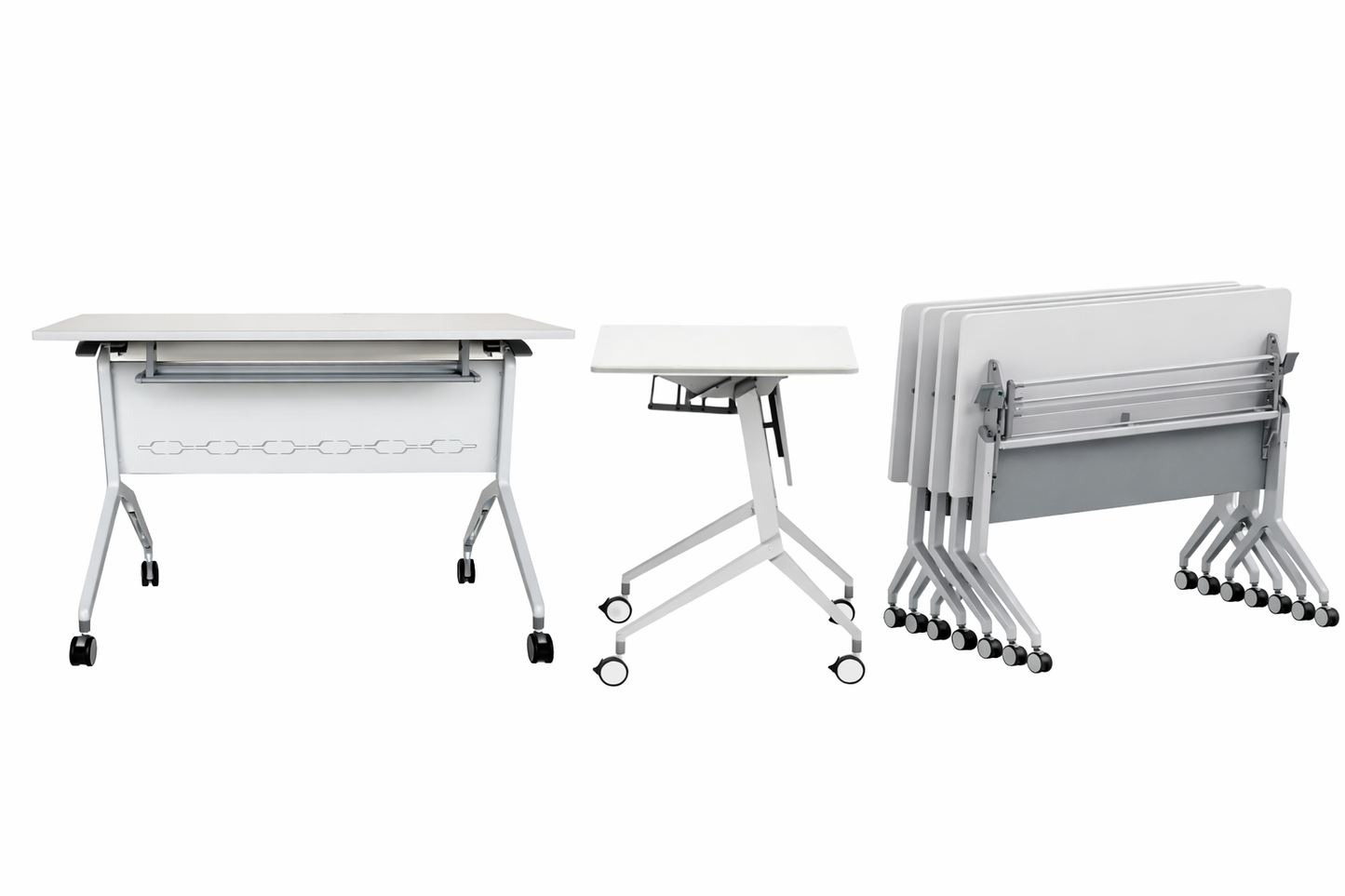 Mesa rebatible Spin para oficina, con sistema plegable y ruedas. Ideal para espacios laborales flexibles, salas de capacitación y áreas colaborativas.