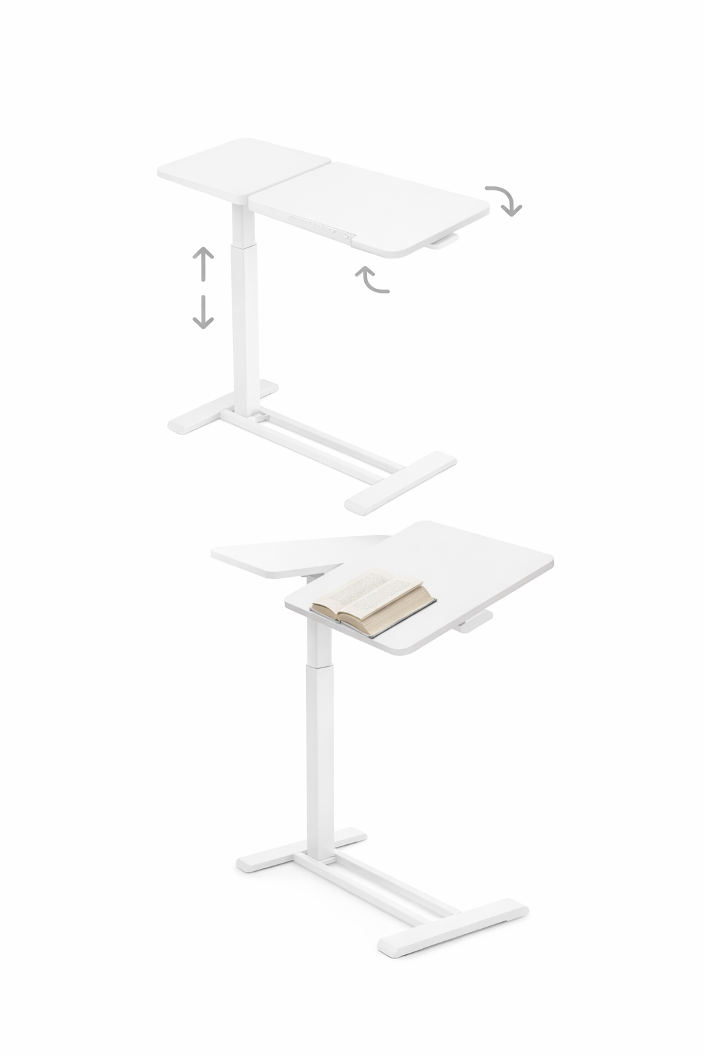 Mesa de arrime Lumiere blanca con altura regulable y tapa inclinable, diseñada para trabajar o leer junto al sillón.