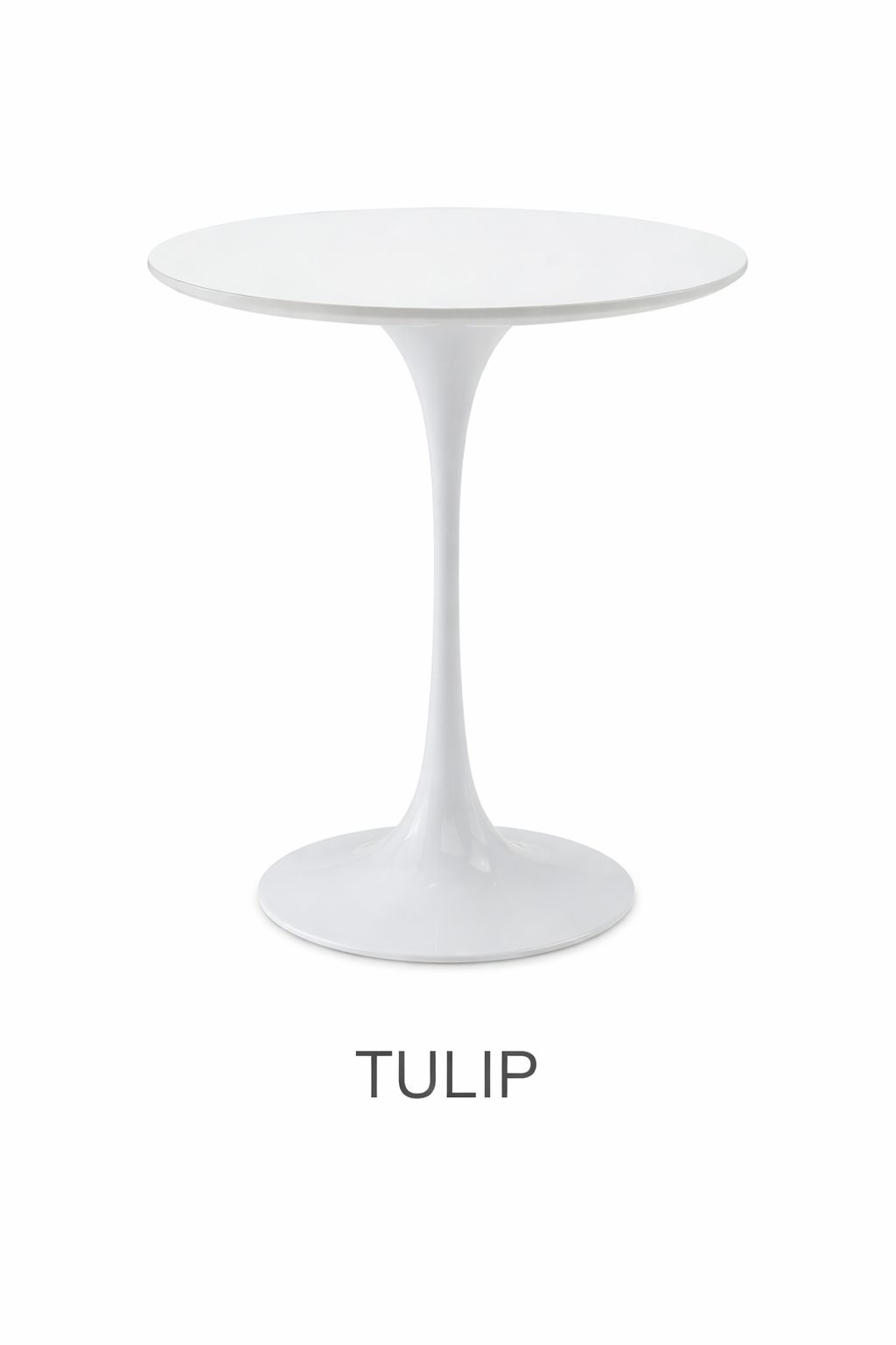 Mesa de arrime Tulip blanca con base central tipo pedestal y tapa redonda sobre fondo blanco.