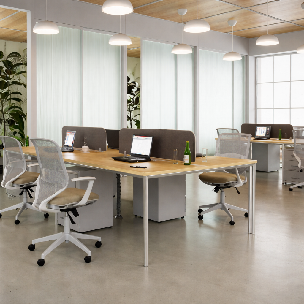 Mesa de oficina línea Equinox de diseño moderno, apta para espacios operativos, gerenciales y de reunión.