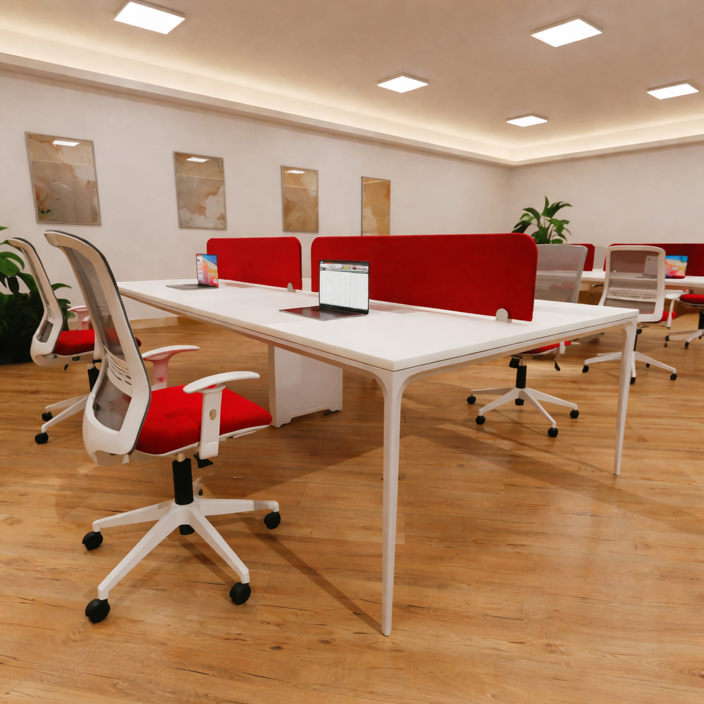 Mesa de oficina línea Eter con sistema de cableado central integrado, ideal para espacios operativos, gerenciales y de reunión.