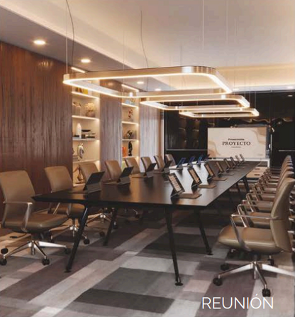Mesa de oficina línea Avant en sala de reuniones, con diseño moderno y estructura elegante, ideal para uso gerencial, operativo o reuniones laborales.
