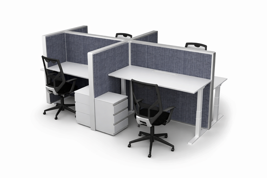Mesa M5 Cuádruplo con cuatro puestos de trabajo y paneles divisorios, ideal para oficinas, coworking y espacios laborales compartidos.
