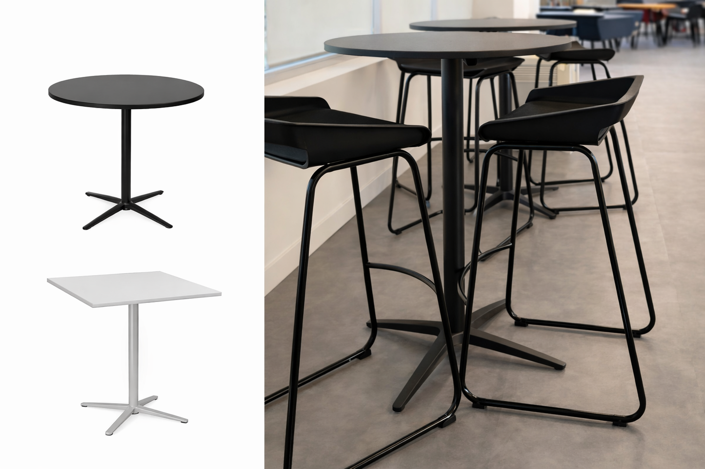 Mesa Cruz con base en forma de cruz, ideal para espacios de break coffee en oficinas y áreas de descanso.