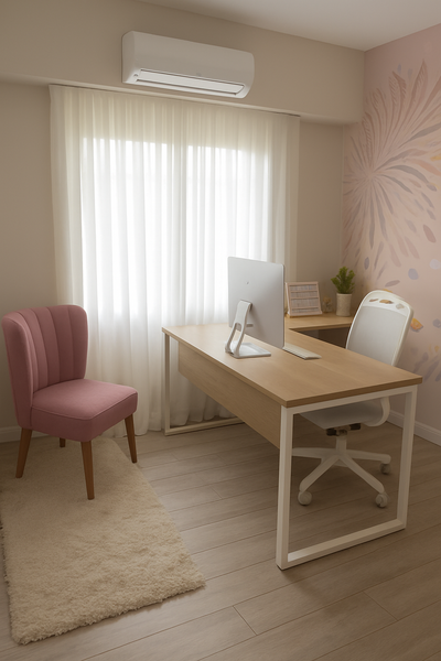Transforma tu espacio de trabajo con esta moderna y acogedora oficina en casa. El escritorio de madera clara, junto con una silla ergonómica blanca, crea un ambiente limpio y funcional. La silla rosa agrega un toque de color y comodidad, ideal para momentos de descanso o tareas breves. Con abundante luz natural gracias a la ventana, esta oficina es perfecta para mantenerte productivo mientras disfrutas de un entorno relajante y estilizado.