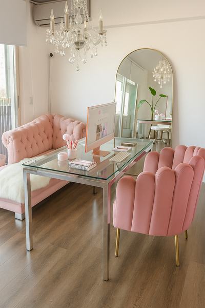 Transforma tu espacio de trabajo o estudio con esta elegante combinación de muebles modernos y femeninos. La mesa de cristal con estructura metálica, acompañada de sillas tufted en un suave tono rosa, crea un ambiente acogedor y sofisticado. Un espejo de gran tamaño y una lámpara de cristal añaden un toque de lujo, ideal para quienes buscan un entorno inspirador y estilizado para trabajar o estudiar con comodidad.