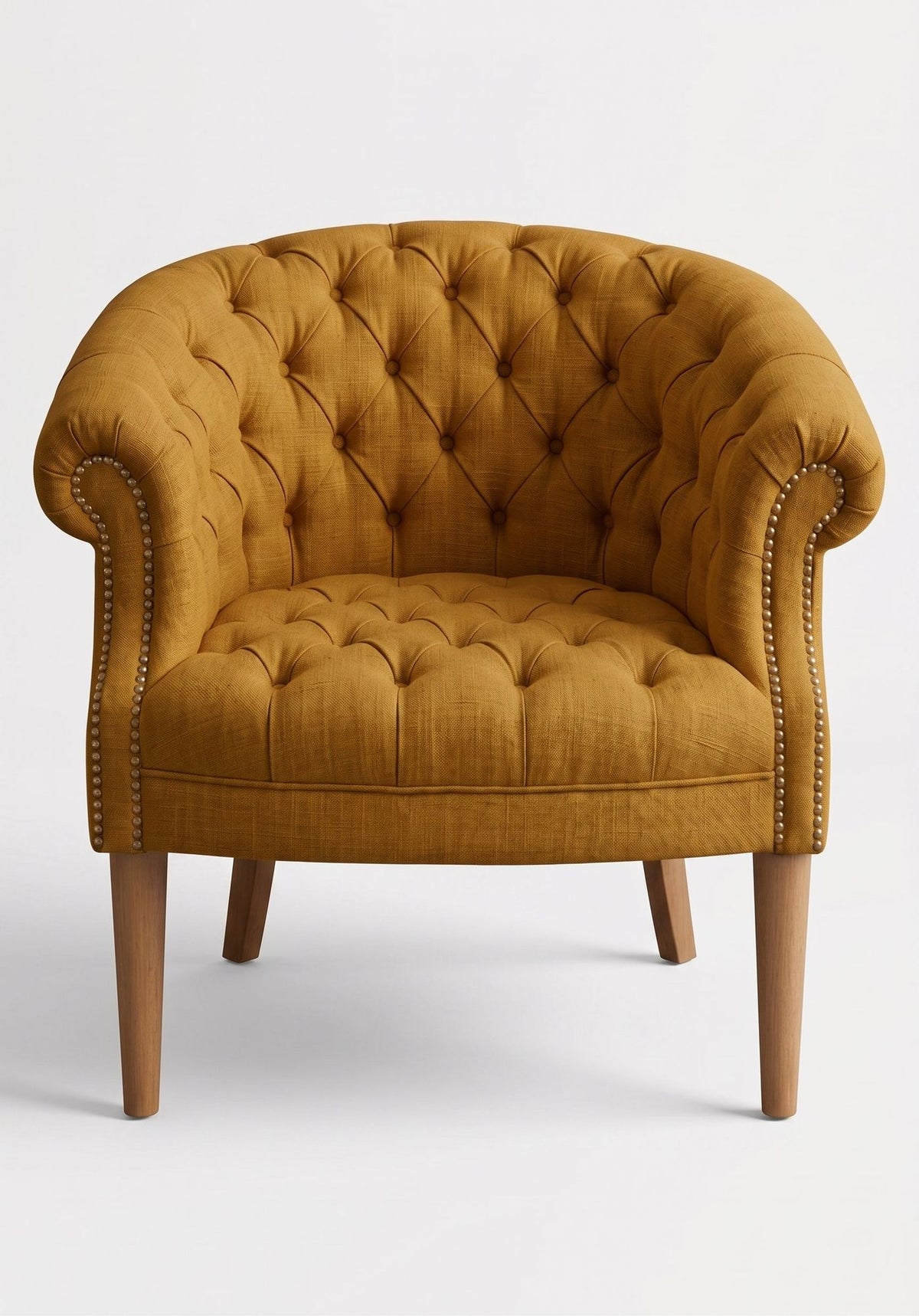 Sillón Nairobi de un cuerpo tapizado en dorado, capitoné redondeado con tachas y patas de madera – Tienda de Banquitos