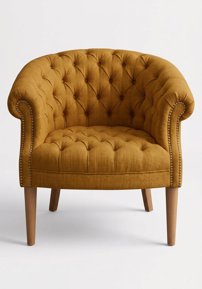 Sillón Nairobi de un cuerpo tapizado en dorado, capitoné redondeado con tachas y patas de madera – Tienda de Banquitos