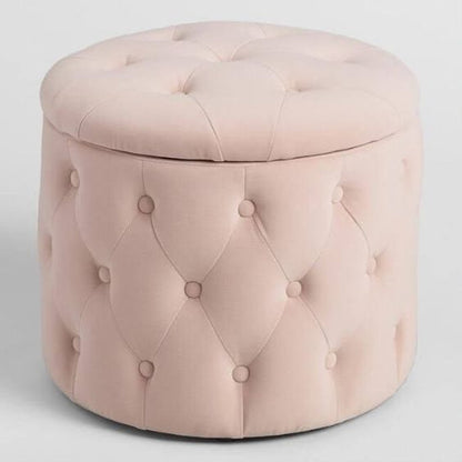 Puff redondo con capitoné y compartimiento de guardado interno. Diseño elegante y práctico para sumar estilo y funcionalidad a tu hogar.
