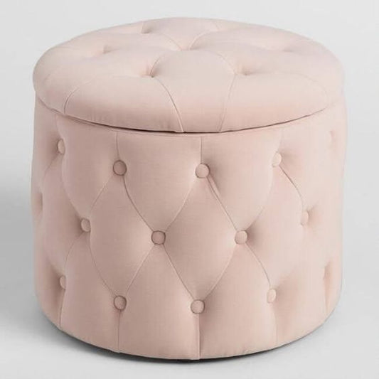 Puff redondo con capitoné y compartimiento de guardado interno. Diseño elegante y práctico para sumar estilo y funcionalidad a tu hogar.
