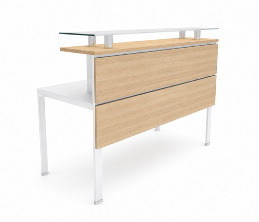 Recepción Zen de líneas rectas con estructura blanca, paneles de madera clara y tapa de vidrio para oficinas
