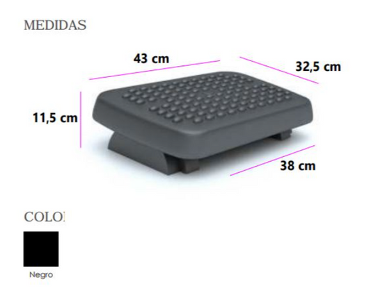 Accesorio reposapiés ergonómico, con ángulo variable y dos alturas, con superficie antideslizante y plástico color negro.

