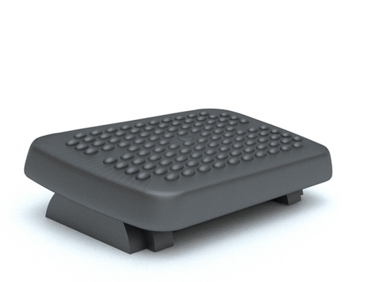 Accesorio reposapiés ergonómico, con ángulo variable y dos alturas, con superficie antideslizante y plástico color negro.


