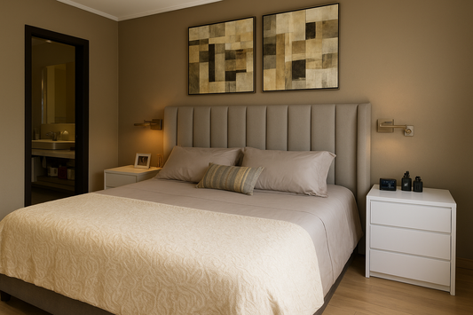 Dormitorio moderno y acogedor con cama de diseño contemporáneo. La cama presenta un cabecero tapizado en tela gris claro con costuras verticales que aportan textura y elegancia. Ropa de cama en tonos neutros beige y gris, complementada con almohadones decorativos. A ambos lados, mesas de noche blancas con lámparas de pared doradas que brindan una iluminación cálida. La decoración incluye dos cuadros abstractos en tonos tierra que armonizan con la paleta del espacio, creando un ambiente relajante y sofistica