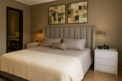 Dormitorio moderno y acogedor con cama de diseño contemporáneo. La cama presenta un cabecero tapizado en tela gris claro con costuras verticales que aportan textura y elegancia. Ropa de cama en tonos neutros beige y gris, complementada con almohadones decorativos. A ambos lados, mesas de noche blancas con lámparas de pared doradas que brindan una iluminación cálida. La decoración incluye dos cuadros abstractos en tonos tierra que armonizan con la paleta del espacio, creando un ambiente relajante y sofistica