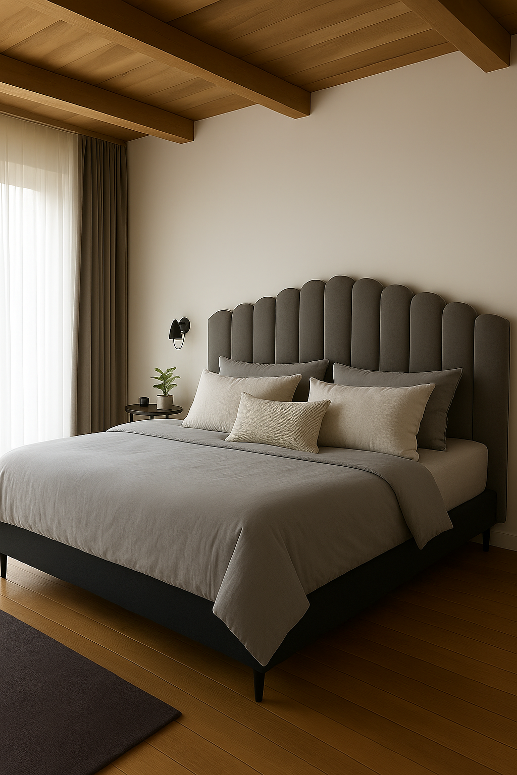 Dormitorio elegante con cama grande y cabecero acolchado en tono gris oscuro con diseño vertical que añade textura y sofisticación. La cama está vestida con ropa de cama en tonos neutros y suaves, combinando gris y beige, con varios cojines decorativos que aportan comodidad y estilo. El ambiente es cálido y moderno, con iluminación tenue y elementos decorativos mínimos que refuerzan un diseño limpio y acogedor.