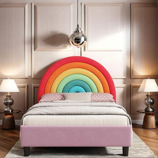 Respaldo de cama infantil con forma de arco iris tapizado.
