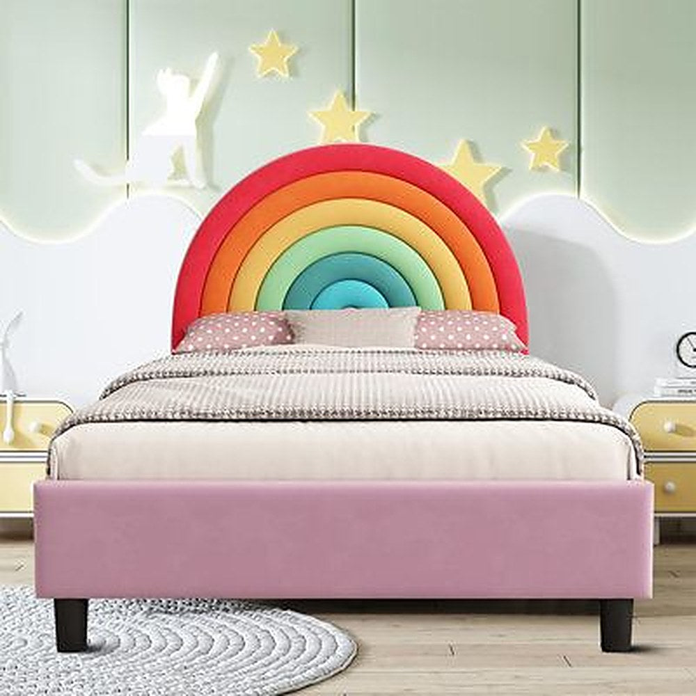 Respaldo de cama infantil ArcoIris tapizado, vista en ambiente – Tienda de Banquitos