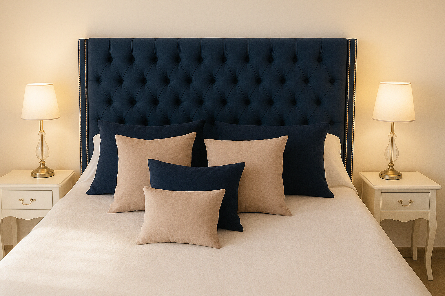 Respaldo de cama estilo capitoné, tapizado en terciopelo azul marino con detalles de tachuelas plateadas en los bordes, acompañado de almohadones en tonos azul y beige