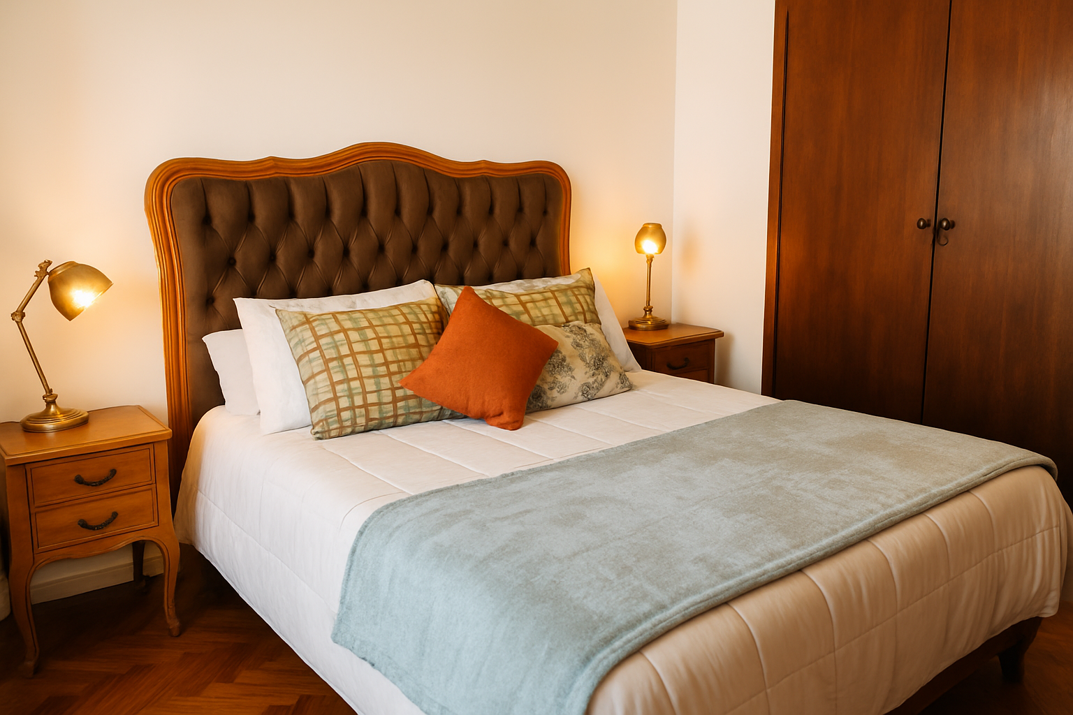 Cama con cabecera de madera curvada y tapizado capitoné en tono marrón, mostrando un diseño elegante y detallado que destaca sobre el resto del mobiliario de la habitación