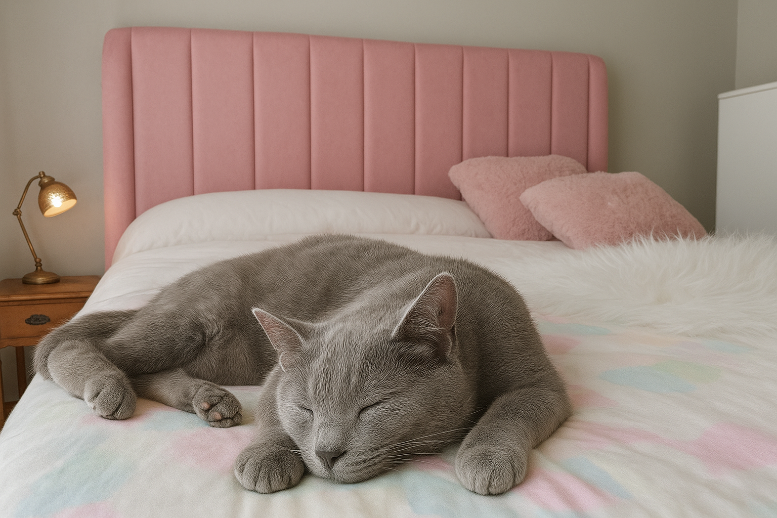 Gato gris dormido plácidamente sobre una cama con un respaldo tapizado en tela rosa pastel. El respaldo es alto y acolchado, con un diseño de paneles verticales que le da un aspecto moderno y elegante. Detrás del gato, se observan dos cojines decorativos también en tono rosa, que combinan armoniosamente con el respaldo, creando una atmósfera suave y acogedora