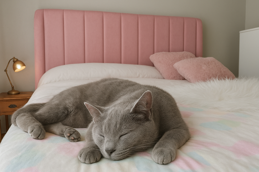 Gato gris dormido plácidamente sobre una cama con un respaldo tapizado en tela rosa pastel. El respaldo es alto y acolchado, con un diseño de paneles verticales que le da un aspecto moderno y elegante. Detrás del gato, se observan dos cojines decorativos también en tono rosa, que combinan armoniosamente con el respaldo, creando una atmósfera suave y acogedora