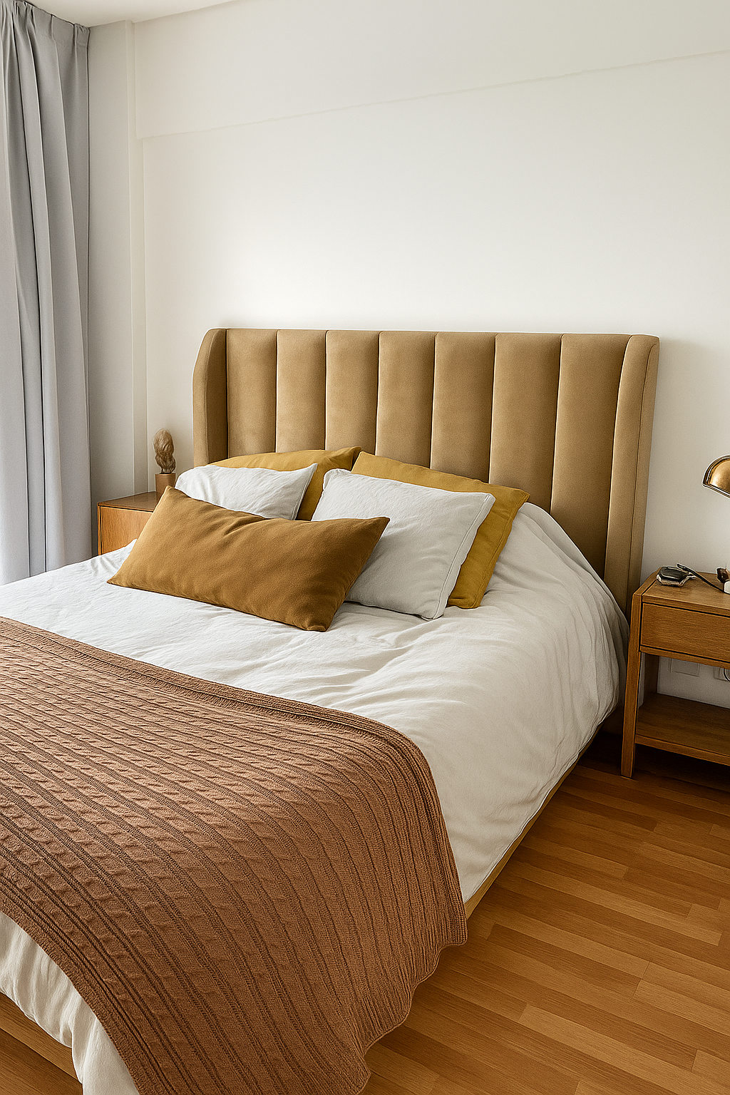 Esta habitación cuenta con un elegante cabecero de cama en tonos beige y detalles de líneas verticales, que aportan sofisticación y confort. Los cojines de tonos cálidos, como el mostaza y el marrón, complementan perfectamente la decoración minimalista, creando un ambiente acogedor y relajante. Con una iluminación suave y muebles de madera, esta habitación transmite una sensación de calma y estilo, ideal para quienes buscan un espacio moderno y cómodo para descansar.