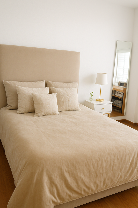 respaldo en tono nude, ideal para lograr un ambiente acogedor y sofisticado. Su tapizado suave y estructura amplia lo convierten en la pieza central perfecta para salas modernas. Cojines decorativos a juego que suman confort y estilo.